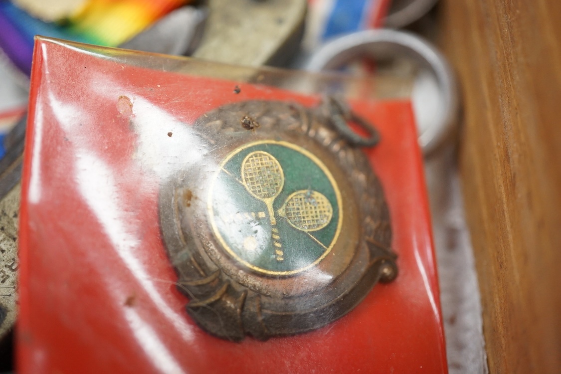 A quantity of assorted medals, an Essex crystal button, badges and ephemera